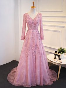Unique Long Sleeves Tulle Brush Train Lace Up Mother Of The Bride Dress in Pink with Lace and Appliques