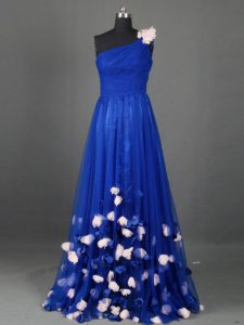 Royal Blue Prom and Sweet 16 with Beading and Hand Made Flower One Shoulder Sleeveless Side Zipper