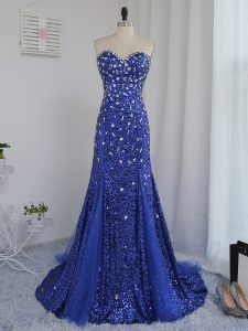 Zipper Evening Dress Royal Blue for Prom and Military Ball and Sweet 16 with Beading and Sequins Brush Train