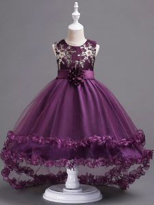 Dark Purple Tulle Zipper Little Girl Pageant Gowns Sleeveless High Low Appliques and Hand Made Flower