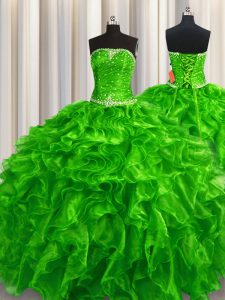 Ball Gowns Quince Ball Gowns Green Strapless Organza Sleeveless Floor Length Lace Up