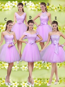 Sweet Knee Length Lilac Quinceanera Court Dresses Tulle Sleeveless Lace and Belt