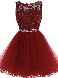 Burgundy A-line Scoop Sleeveless Tulle Mini Length Zipper Beading and Lace and Appliques Prom Evening Gown