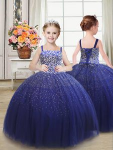 Great Royal Blue Ball Gowns Tulle Straps Sleeveless Beading Floor Length Lace Up Kids Pageant Dress