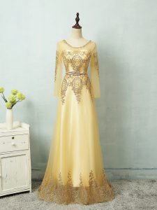 Long Sleeves Zipper Floor Length Beading and Appliques and Belt Evening Gowns