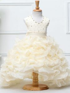Hot Selling Sleeveless High Low Beading and Ruffles Zipper Girls Pageant Dresses with Champagne