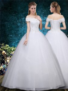 Exceptional Floor Length Lace Up Wedding Gowns White for Wedding Party with Beading and Appliques