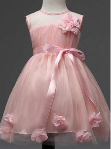Pink Ball Gowns Hand Made Flower Little Girls Pageant Gowns Zipper Tulle Sleeveless Knee Length