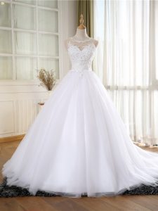 White Sleeveless Court Train Lace and Appliques Wedding Dresses