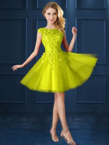 Knee Length Lace Up Bridesmaid Gown Yellow for Prom and Party with Lace and Appliques