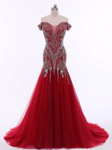 High Class Off The Shoulder Sleeveless Evening Dress Brush Train Beading Red Tulle