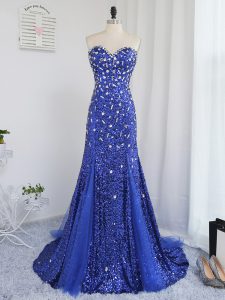 New Style Royal Blue Tulle and Sequined Zipper Sweetheart Sleeveless Going Out Dresses Beading and Sequins