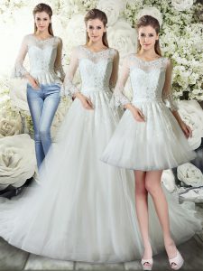 Tulle V-neck 3 4 Length Sleeve Court Train Zipper Lace Wedding Dress in White