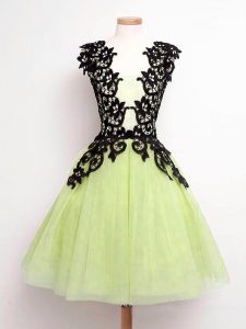 Fantastic Yellow Green A-line Tulle Straps Sleeveless Lace Knee Length Lace Up Bridesmaid Dresses
