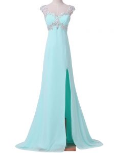Custom Design Aqua Blue Homecoming Dress Prom and Party and Military Ball with Beading Sweetheart Cap Sleeves Backless