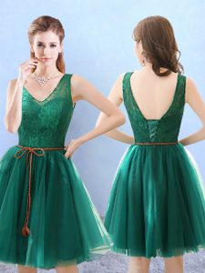 Knee Length Green Bridesmaid Dress Tulle Sleeveless Lace