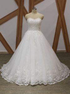 White Sleeveless Lace and Appliques Lace Up Wedding Gown