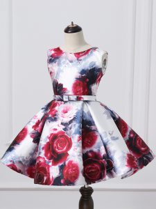 On Sale Multi-color Printed Zipper Scoop Sleeveless Mini Length Pageant Gowns For Girls Pattern and Belt