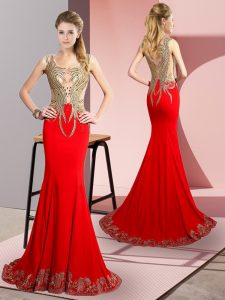 Exquisite Scoop Sleeveless Brush Train Side Zipper Dress for Prom Red Elastic Woven Satin