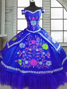 Dramatic Blue Off The Shoulder Neckline Beading and Embroidery 15th Birthday Dress Short Sleeves Lace Up