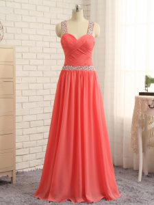 Fantastic Floor Length Watermelon Red Prom Evening Gown Chiffon Sleeveless Beading and Ruching