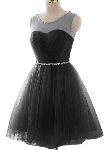 Hot Sale Black Prom Dresses Prom and Party and Beach with Beading and Ruching Scoop Sleeveless Lace Up