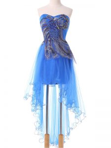 New Arrival Sleeveless Lace Up High Low Appliques Prom Dress
