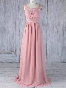High Quality Pink Criss Cross Scoop Appliques Wedding Party Dress Chiffon Sleeveless