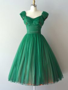 Green Bridesmaid Dress Prom and Party and Sweet 16 with Ruching V-neck Cap Sleeves Lace Up