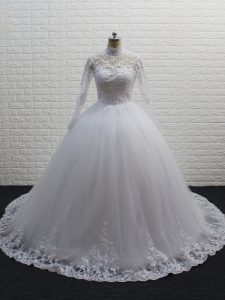 Fitting White High-neck Neckline Lace Wedding Dresses Long Sleeves Clasp Handle