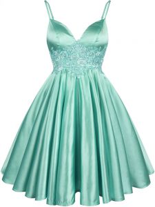 Apple Green Elastic Woven Satin Lace Up Bridesmaid Dresses Sleeveless Knee Length Lace
