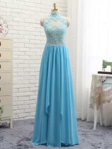 Floor Length Baby Blue Prom Gown Halter Top Sleeveless Backless