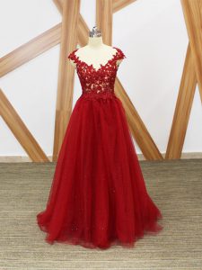 Red Prom Gown Prom and Party with Lace and Appliques V-neck Sleeveless Criss Cross