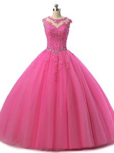 Unique Hot Pink Tulle Lace Up Scoop Sleeveless Floor Length Vestidos de Quinceanera Beading and Lace