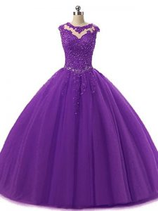 Custom Designed Beading and Lace Quinceanera Dresses Dark Purple Lace Up Sleeveless Floor Length