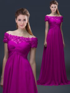 Fuchsia Empire Off The Shoulder Short Sleeves Chiffon Floor Length Lace Up Appliques Mother Of The Bride Dress