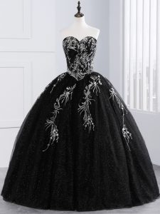 Romantic Floor Length Lace Up Vestidos de Quinceanera Black for Military Ball and Sweet 16 and Quinceanera with Embroide