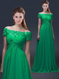 Green Mother Of The Bride Dress Prom and Party with Appliques Off The Shoulder Short Sleeves Lace Up