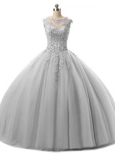 Spectacular Grey Ball Gowns Beading and Lace Quinceanera Gown Lace Up Tulle Sleeveless Floor Length