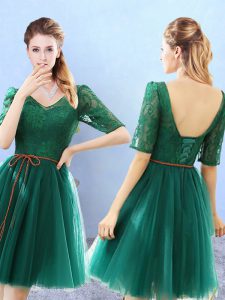 Green V-neck Neckline Lace Bridesmaid Dresses Half Sleeves Backless