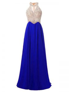 Fitting Royal Blue Sleeveless Beading Floor Length Prom Evening Gown