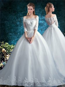 Artistic Off The Shoulder Half Sleeves Court Train Clasp Handle Wedding Dresses White Tulle