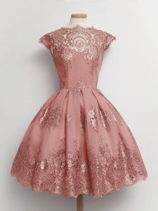 Charming Pink Cap Sleeves Tulle Lace Up Quinceanera Court Dresses for Prom and Party and Wedding Party