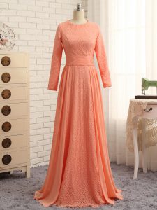 Long Sleeves Floor Length Lace Zipper Mother Of The Bride Dress with Orange