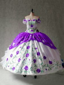 On Sale Ball Gowns Quinceanera Gowns White And Purple Off The Shoulder Organza and Taffeta Cap Sleeves Floor Length Lace