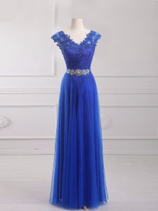 Royal Blue Empire Beading and Lace and Appliques and Belt Teens Party Dress Lace Up Tulle Short Sleeves Floor Length
