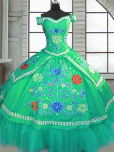 Floor Length Lace Up Ball Gown Prom Dress Green for Military Ball and Sweet 16 and Quinceanera with Beading and Embroide