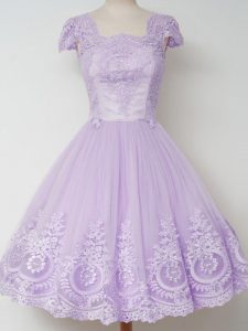 A-line Dama Dress for Quinceanera Lavender Square Tulle Cap Sleeves Knee Length Zipper