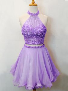 Sleeveless Knee Length Beading Lace Up Bridesmaids Dress with Lavender