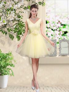 Colorful Light Yellow A-line Tulle V-neck Sleeveless Lace and Belt Knee Length Lace Up Bridesmaid Gown